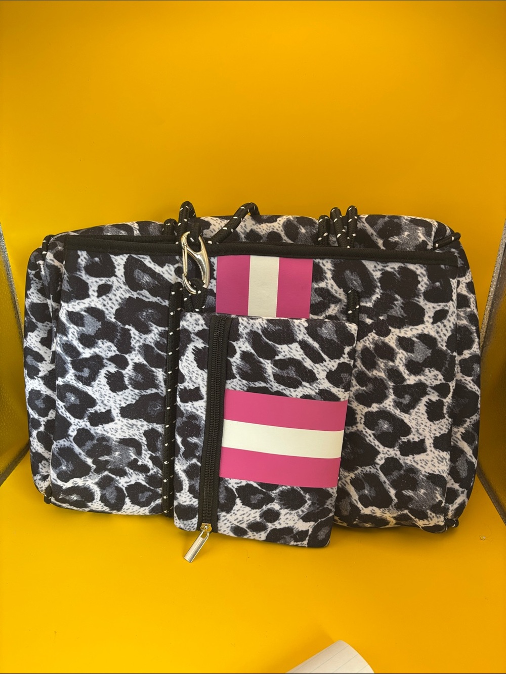 Neoprene Black & White Leopard Print Tote with Pink Accent Pouch